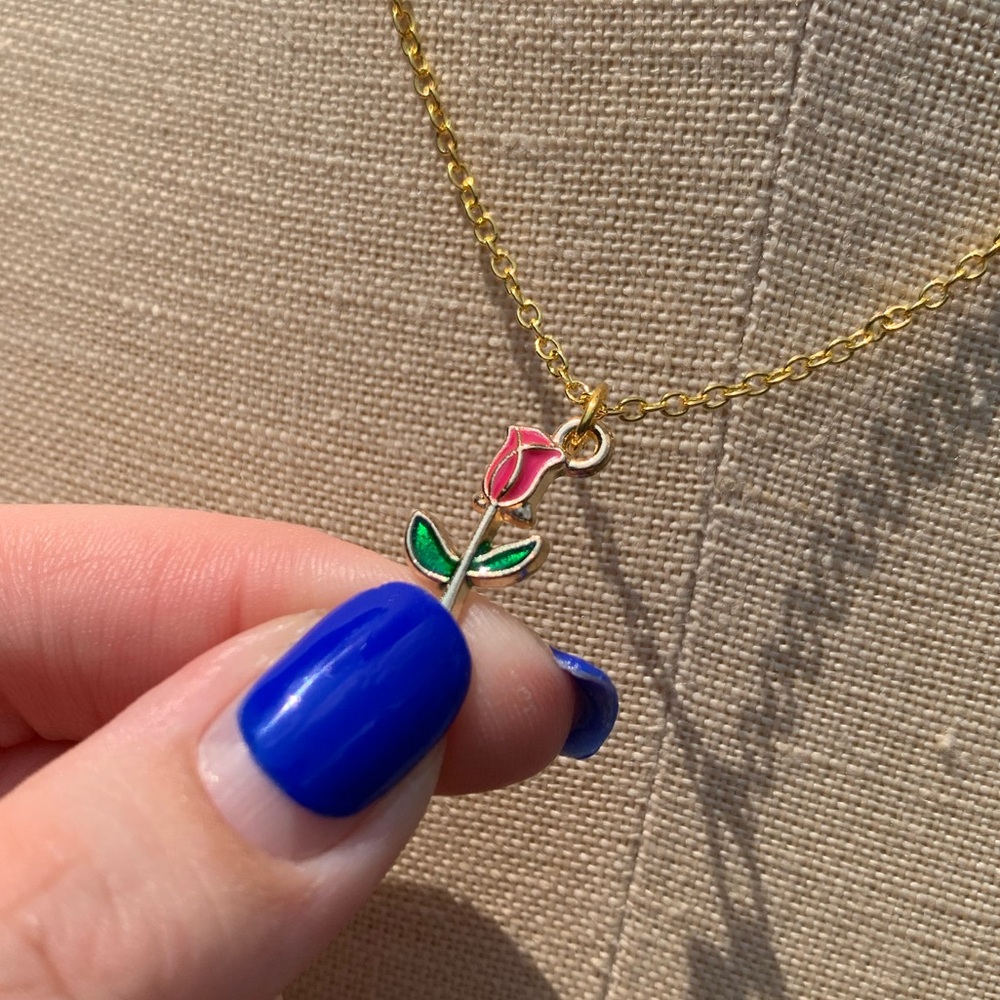 NWT Sterling Silver Plated Chain, Enamel Rose Flower Alloy Charm Neckkace - Picture 7 of 15